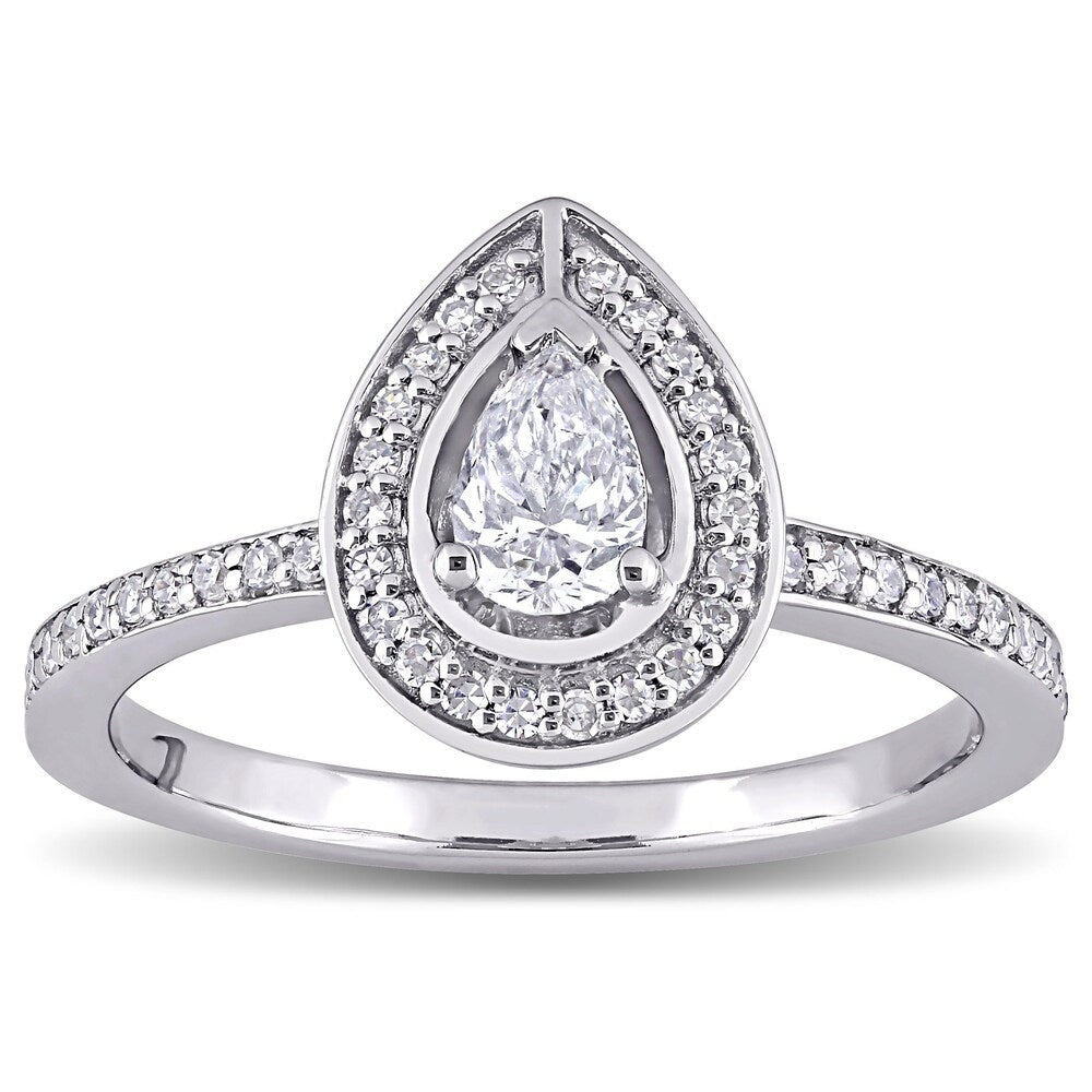 Miadora 14k White Gold 5/8ct TDW Pear and Round-Cut Diamond Halo Engagement Ring