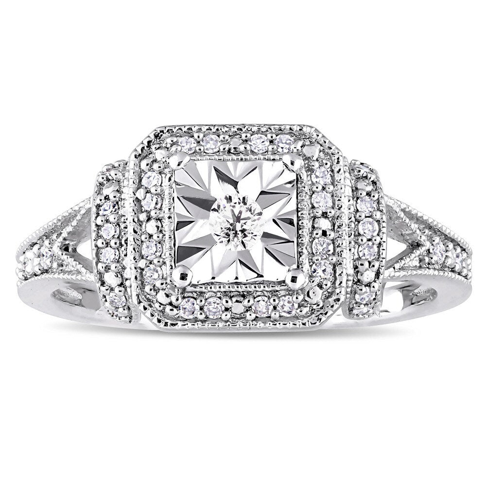 Miadora Sterling Silver 1/5ct TDW Diamond Square Halo Engagement Ring - White