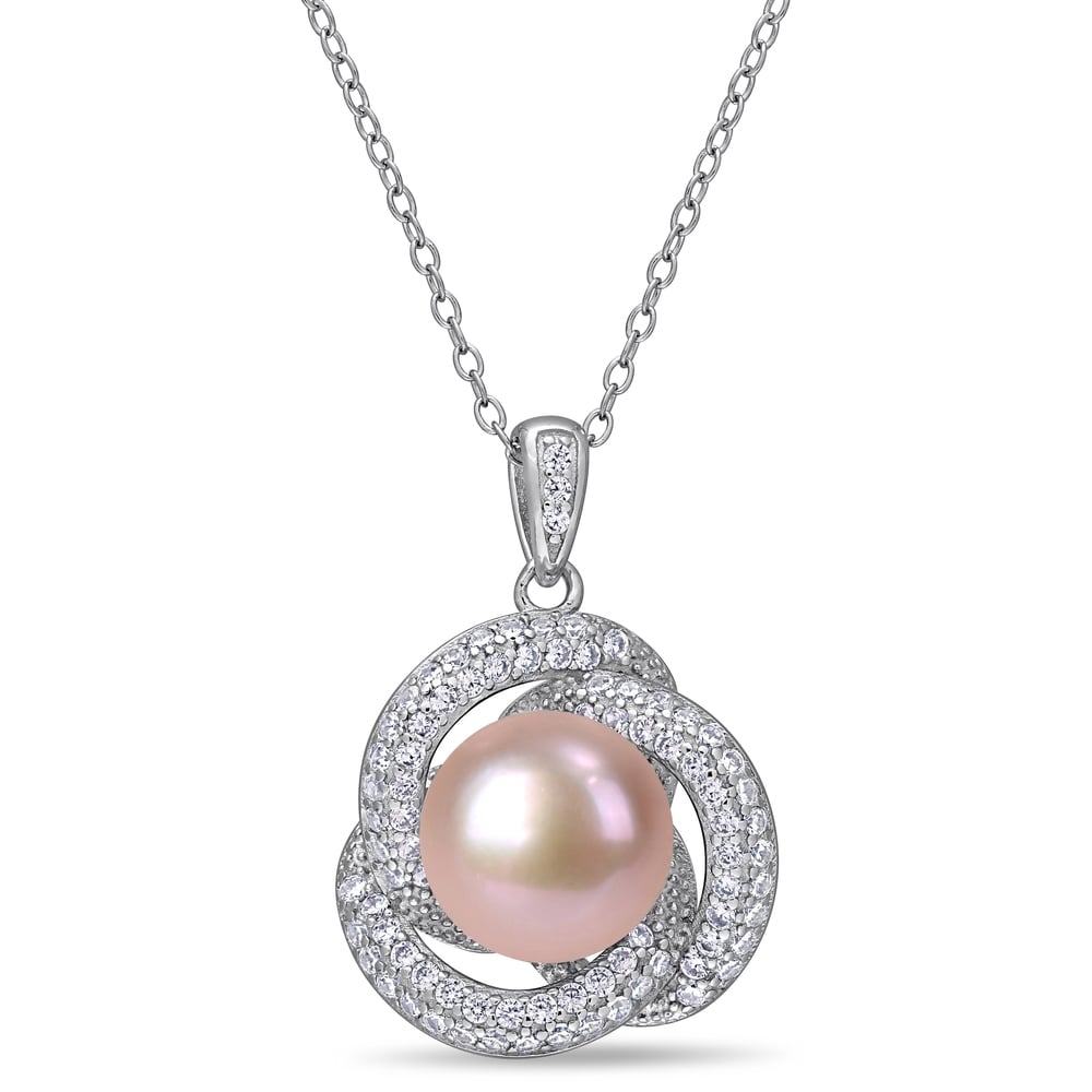 Miadora Sterling Silver Pink Cultured FW Pearl and CZ Swirl Halo Necklace (10-11 mm)