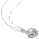 Miadora Sterling Silver Pink Cultured FW Pearl and CZ Swirl Halo Necklace (10-11 mm)