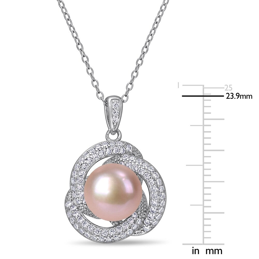 Miadora Sterling Silver Pink Cultured FW Pearl and CZ Swirl Halo Necklace (10-11 mm)