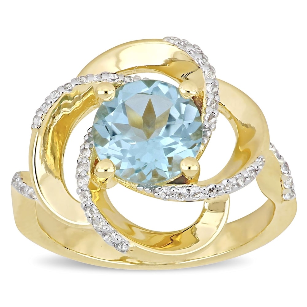 Miadora Yellow Plated Sterling Silver Sky-Blue and White Topaz Swirl Halo Ring