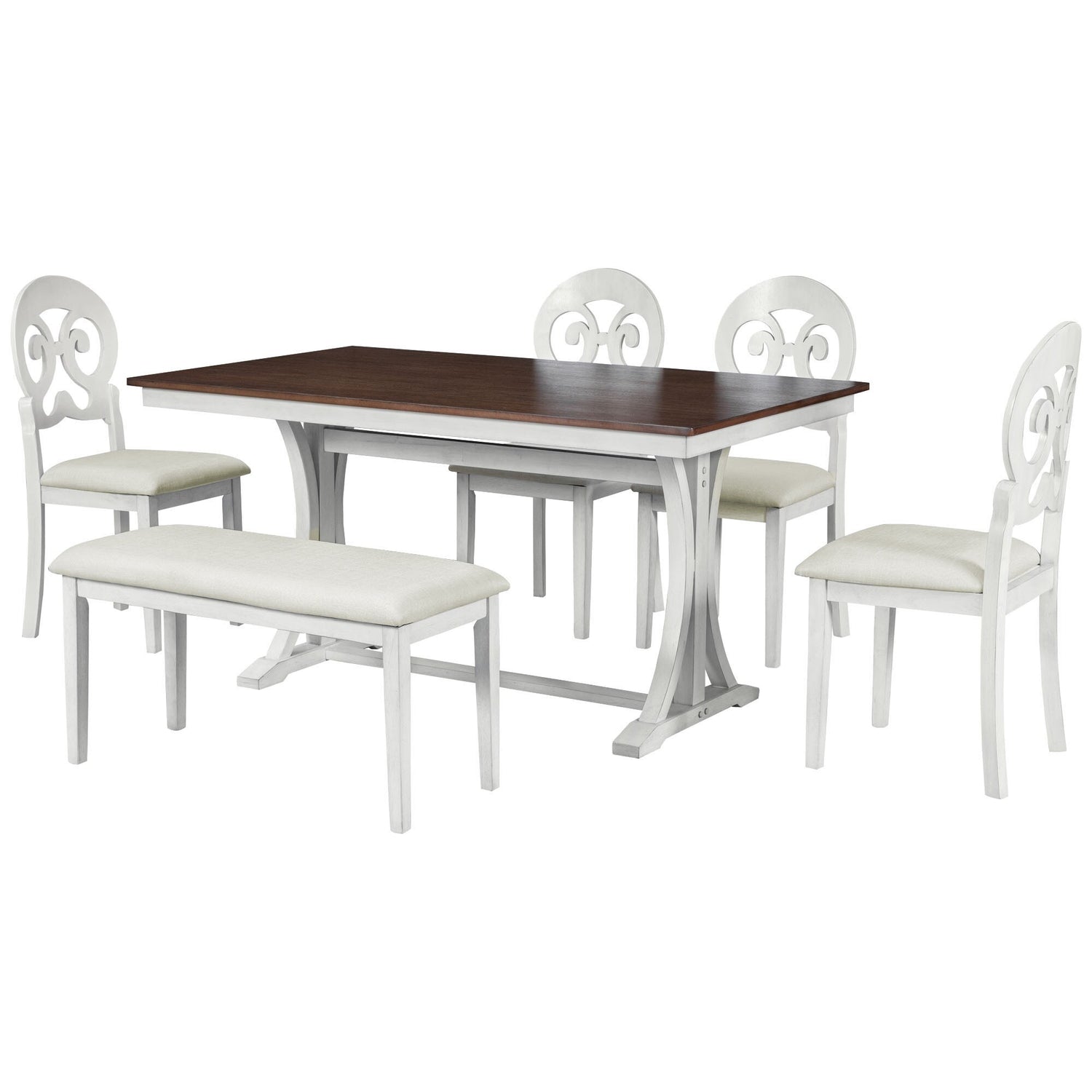 Mid-Century 6-Piece Rectangular Dining Table Set with Victorian Round ...