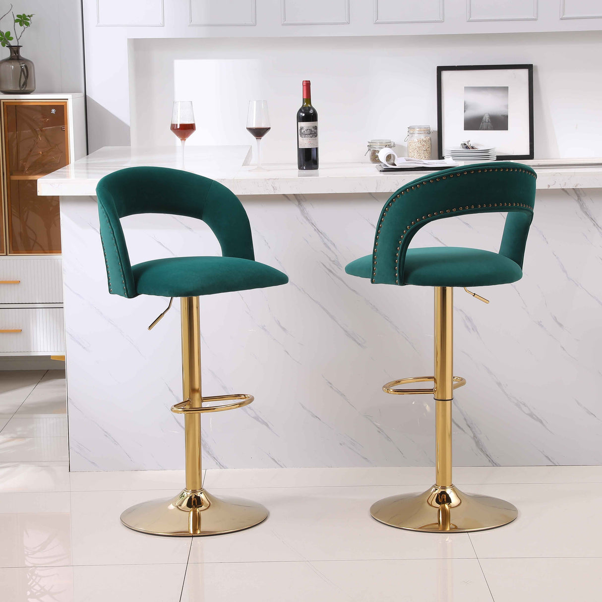 Modern Green Velvet Swivel Barstool Counter Height Barstools W/ Back A ...