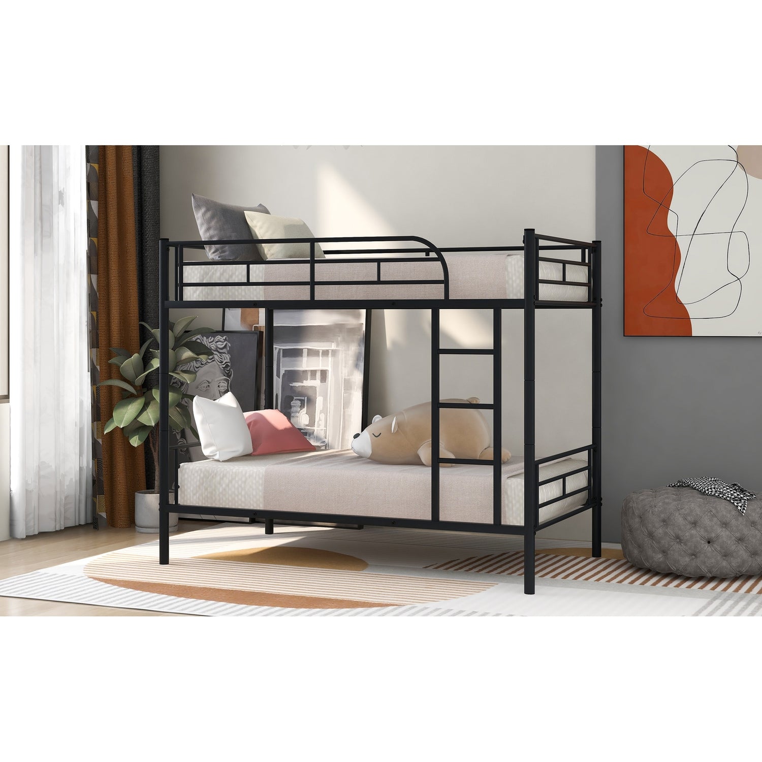 Modern Style Twin Over Twin Metal Bunk Bed with Full Length Gridded Gu ...