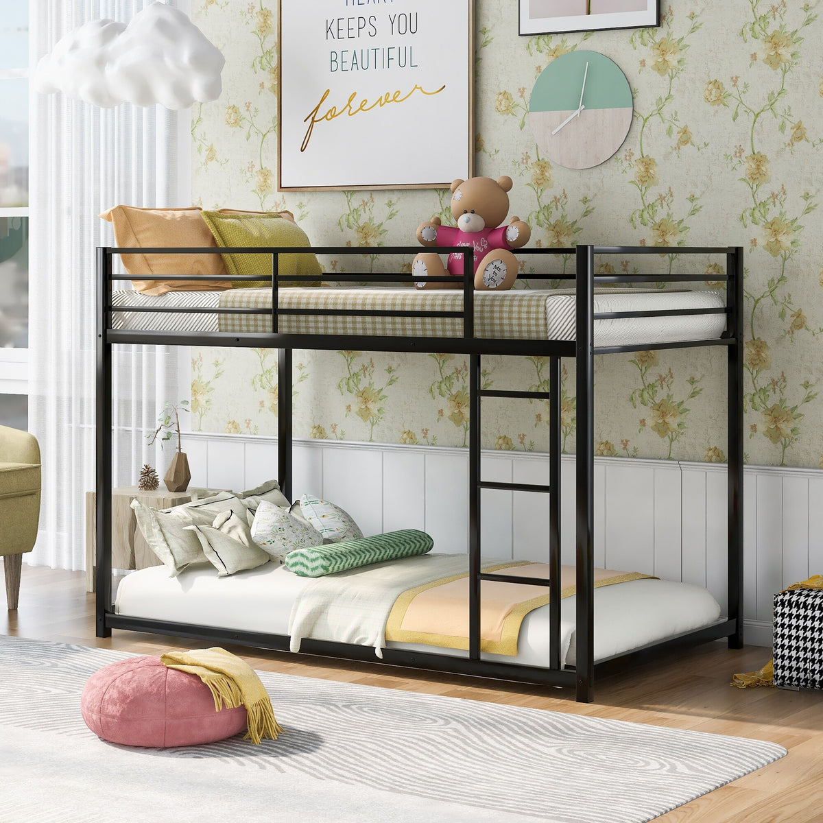 Modern Style Twin over Twin Metal Bunk Bed, Low Bunk Bed with Ladder a ...