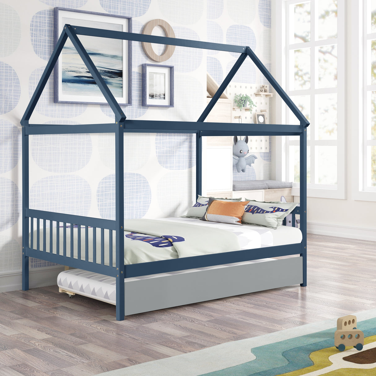 NAVY BLUE HOUSE FULL BED WITH TRUNDLE OF GREY COLOR – Overstock