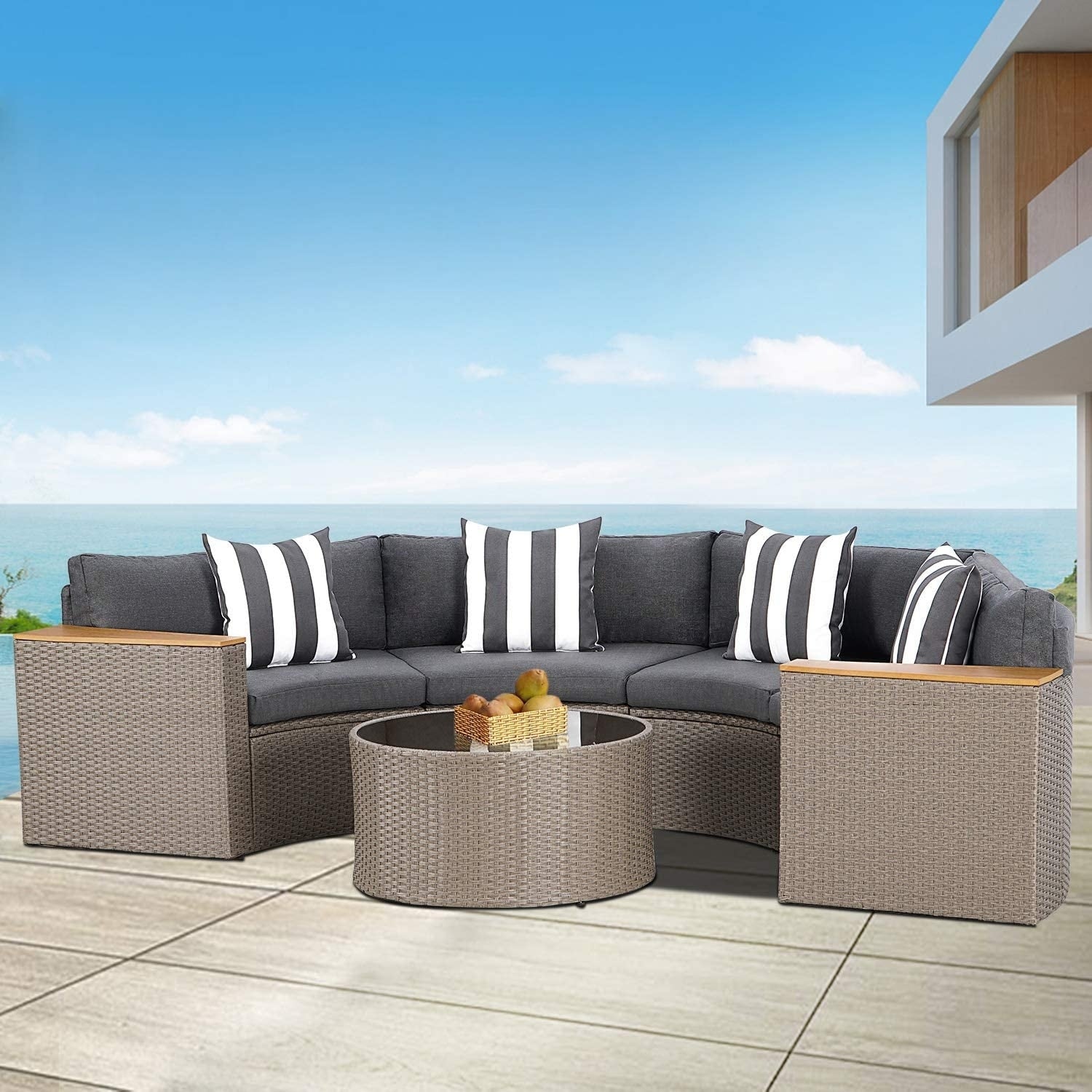 Nuon Wicker Outdoor 5piece Half Round Sectional Curved Sofa Set by Ha