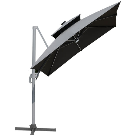 Outsunny 10ft Solar LED Patio Umbrella, Offset Hanging Umbrella with 360° Rotation, Cross Base, 8 Ribs, Tilt and Crank