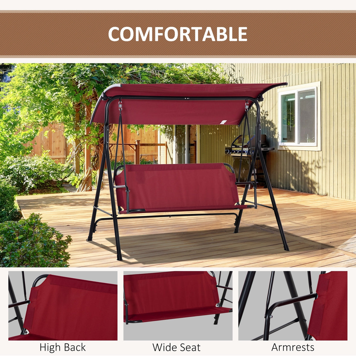 Outsunny 3-person Comfortable Porch Swing with Adjustable Tilt Canopy