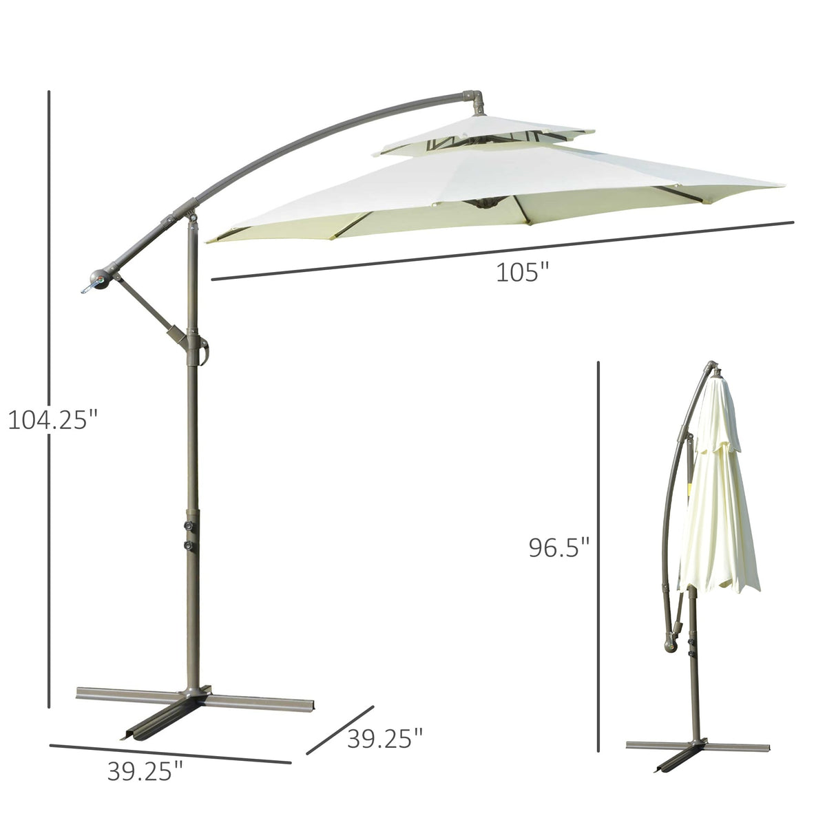 Outsunny 9' 2-Tier Cantilever Umbrella with Crank Handle, Cross Base and 8 Ribs, Garden Patio Offset Umbrella
