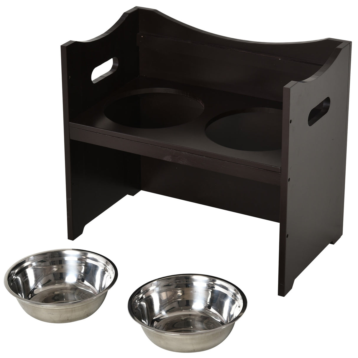 PawHut Raised Pet Food Elevated Feeder with 2 Stainless Steel Bowls, 3 Levels Adjustable Height Levels, and Wood Finish - Black