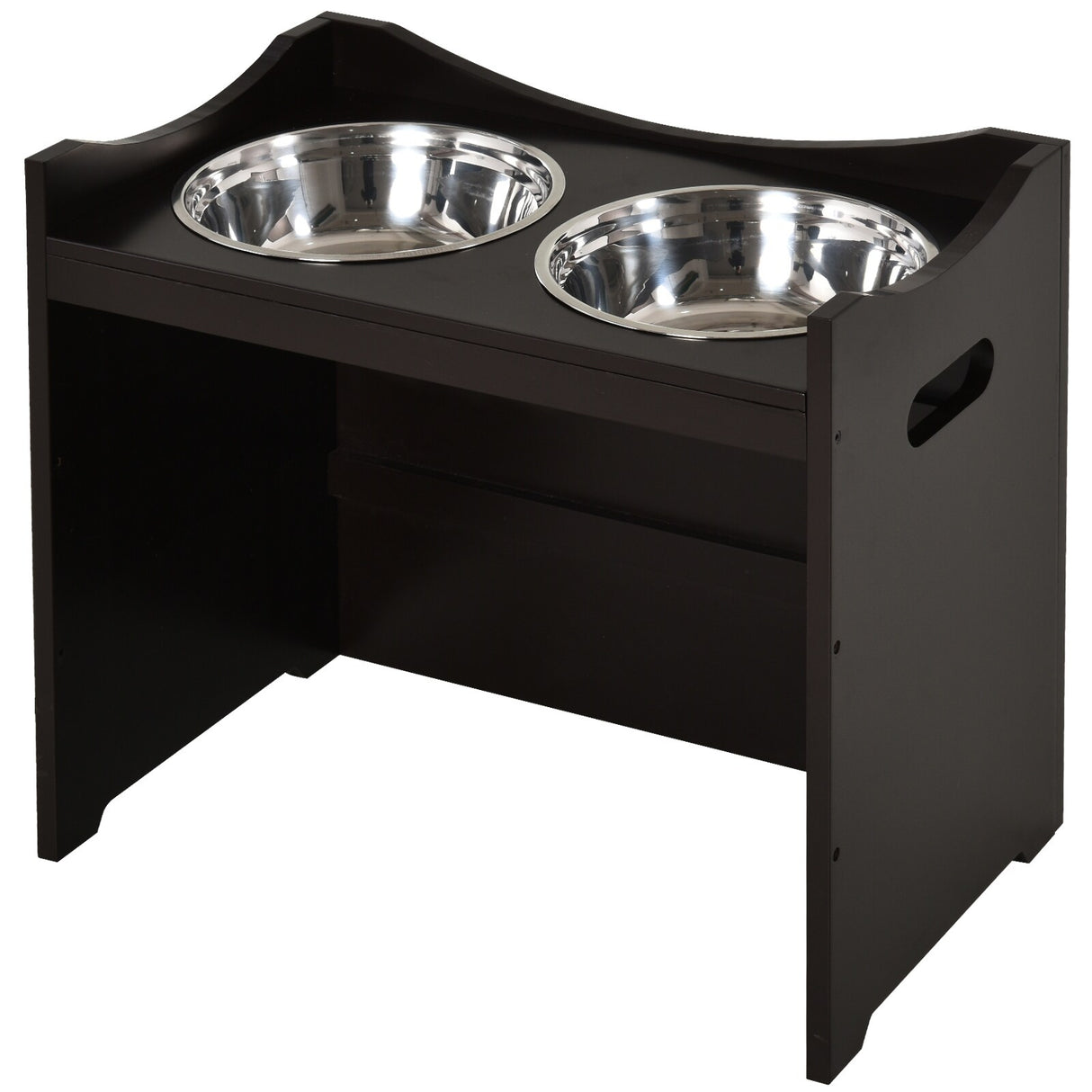 PawHut Raised Pet Food Elevated Feeder with 2 Stainless Steel Bowls, 3 Levels Adjustable Height Levels, and Wood Finish - Black