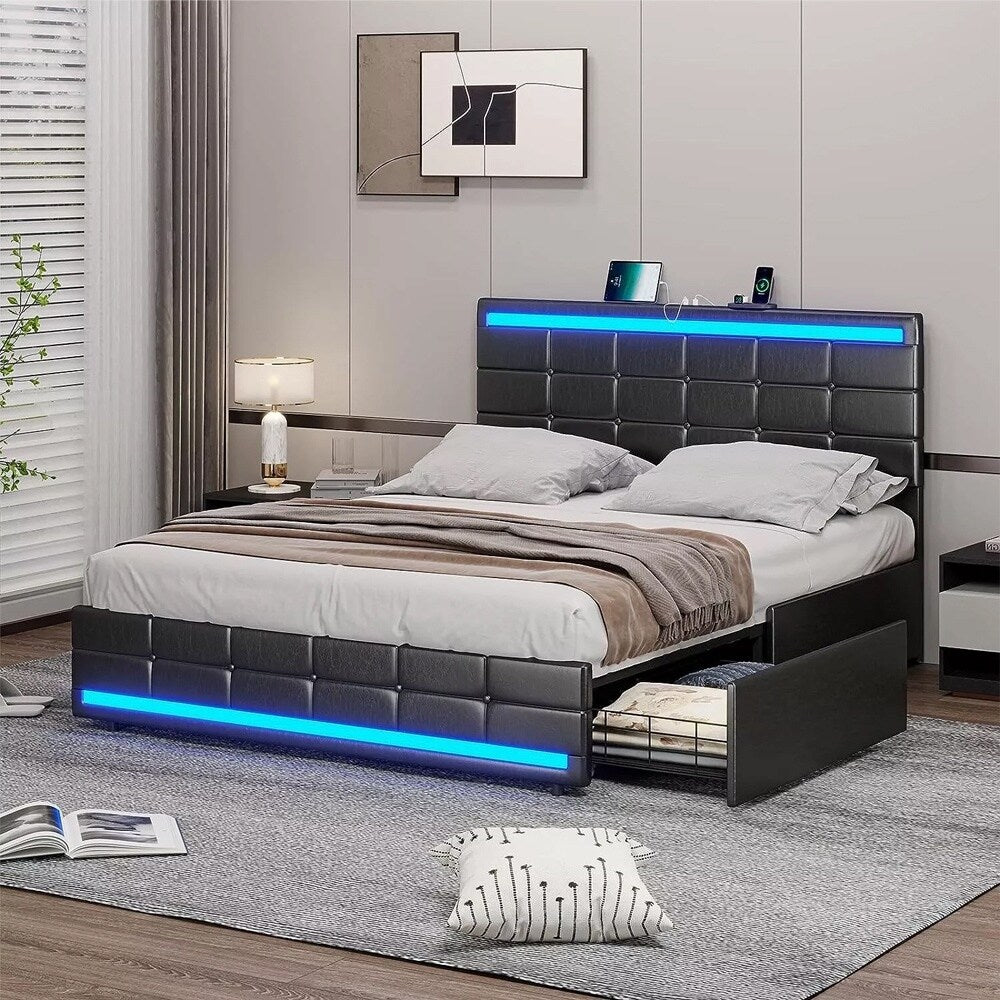 Queen LED Bed Frame Faux Leather Adjustable Headboard Storage Drawers ...