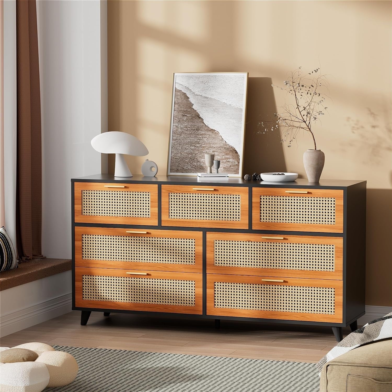 Rattan Dresser with 7 Drawers, Natural Rattan Dresser Chest for Bedroo ...