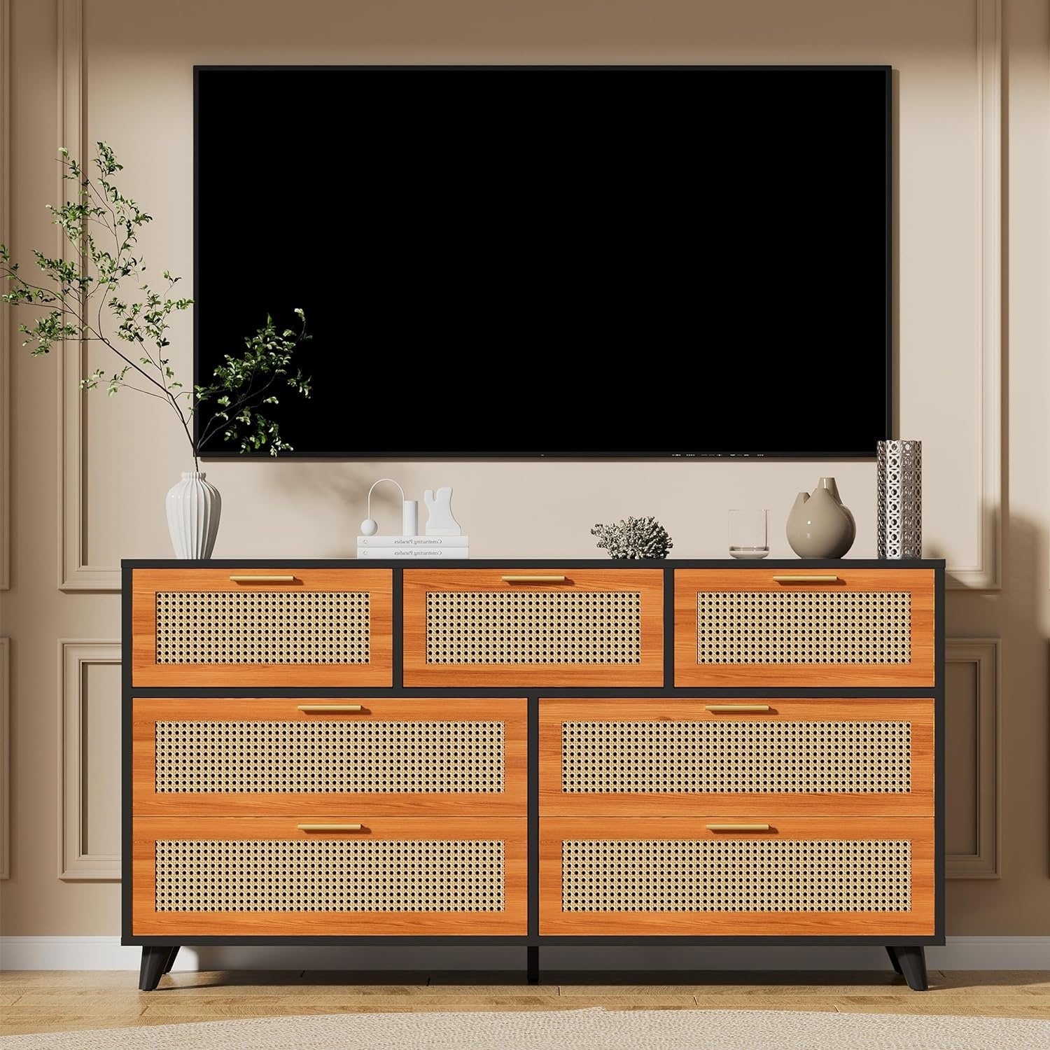 Rattan Dresser with 7 Drawers, Natural Rattan Dresser Chest for Bedroo ...