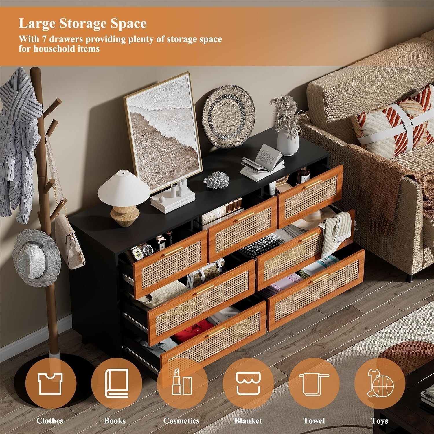 Rattan Dresser with 7 Drawers, Natural Rattan Dresser Chest for Bedroo ...