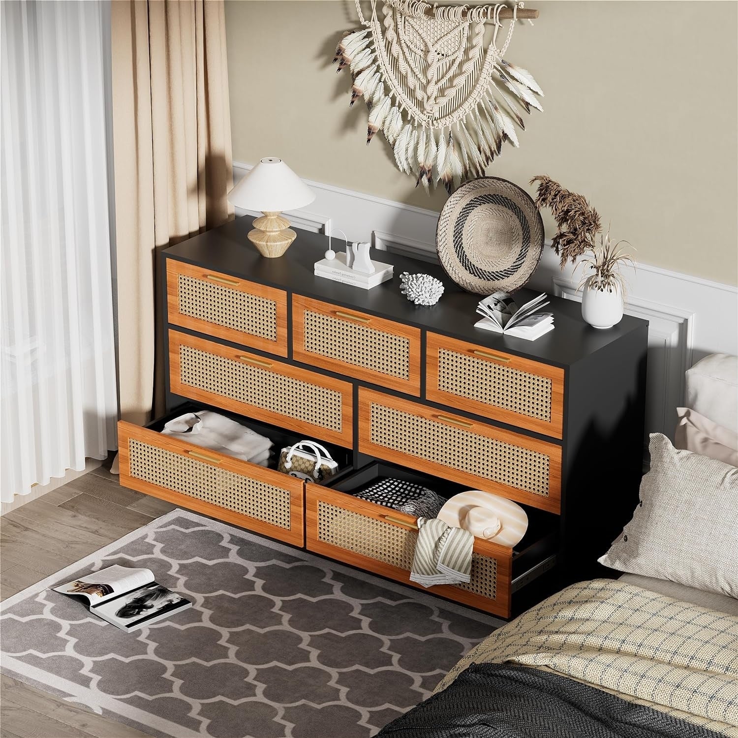 Rattan Dresser with 7 Drawers, Natural Rattan Dresser Chest for Bedroo ...