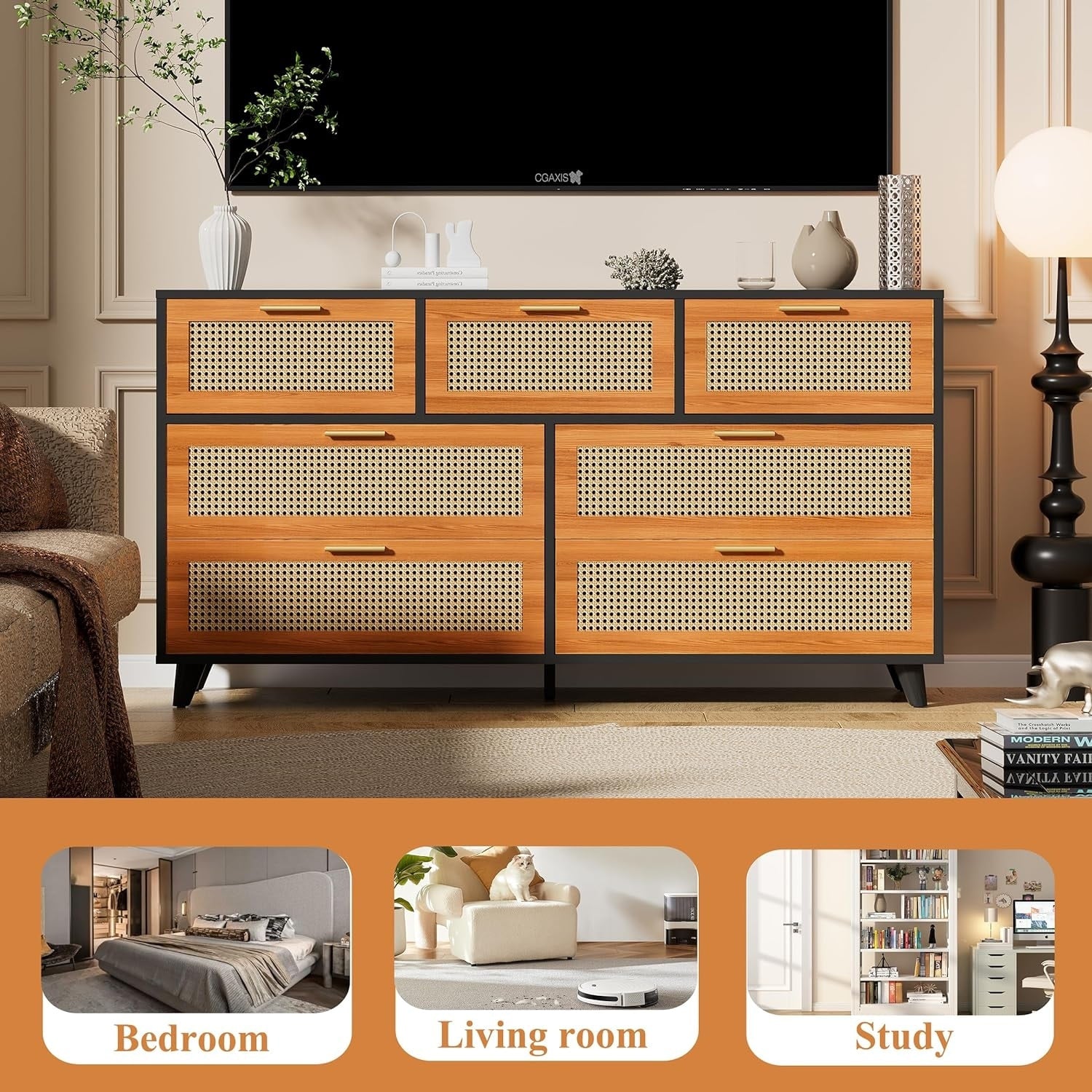 Rattan Dresser with 7 Drawers, Natural Rattan Dresser Chest for Bedroo ...