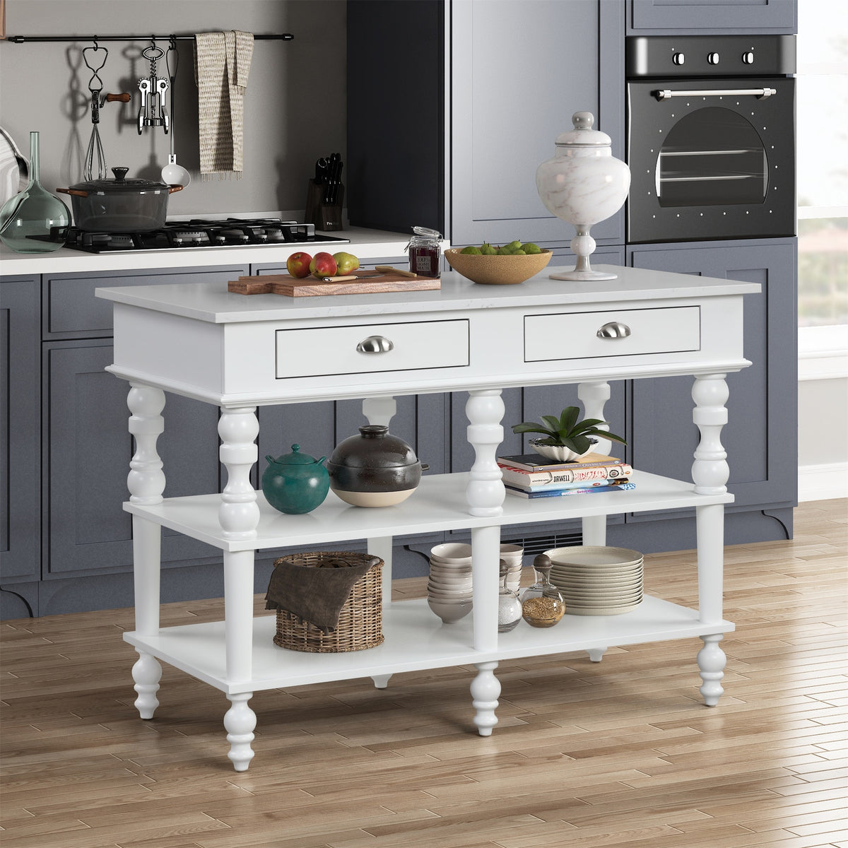 Kitchen Island Long Rectangular Rectangular Kitchen Island with 2 Drawers and 2 Tier Shelves – Overstock