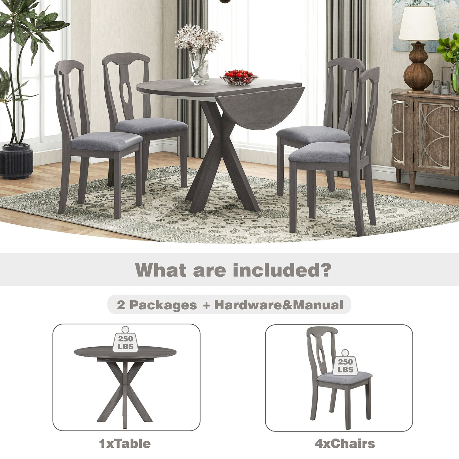 Rustic 5-Piece Wood Round Dining Table Set for 4, Kitchen Furniture wi ...