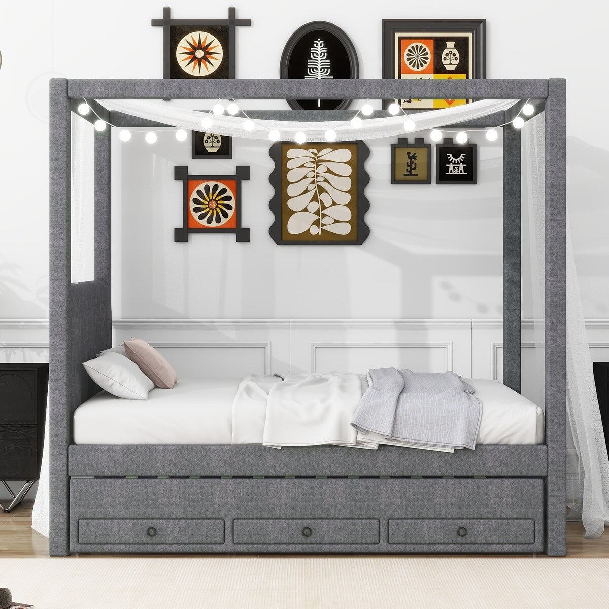 Single Platform Bed with Canopy Roof, Trundle, Drawers, Grey – Overstock