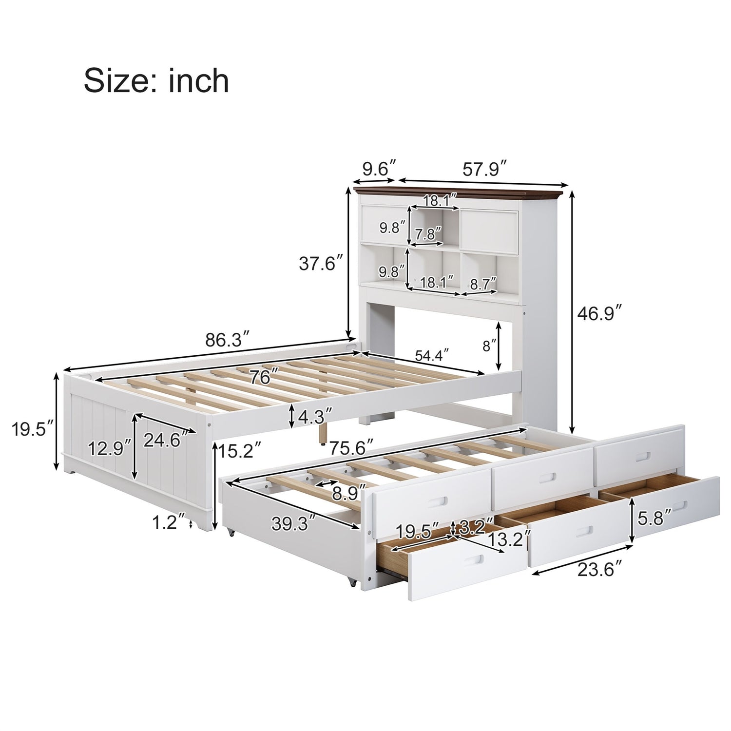 Solid Pine Captains Bookcase Bed with Trundle Bed and 3 Drawers – Overstock