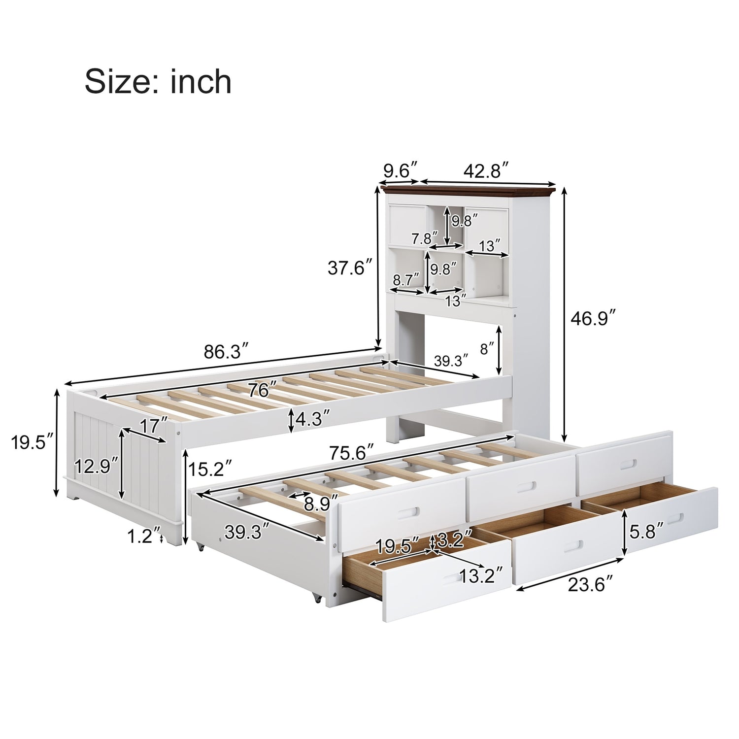 Solid Pine Captains Bookcase Bed with Trundle Bed and 3 Drawers – Overstock