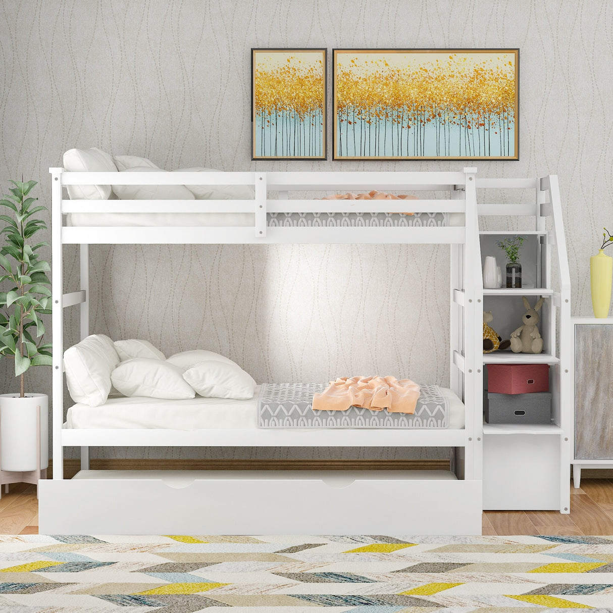 Solid Wood Twin-Over-Twin Bunk Bed with Twin Trundle and 3-Step Storag ...