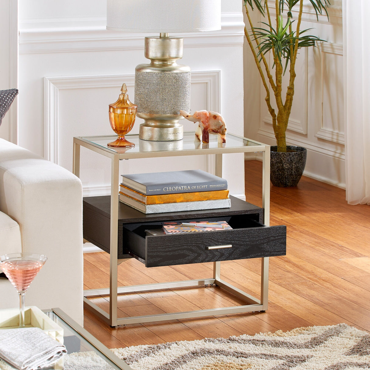 Spumante Champagne Silver Finish End Table with Storage by iNSPIRE Q Bold