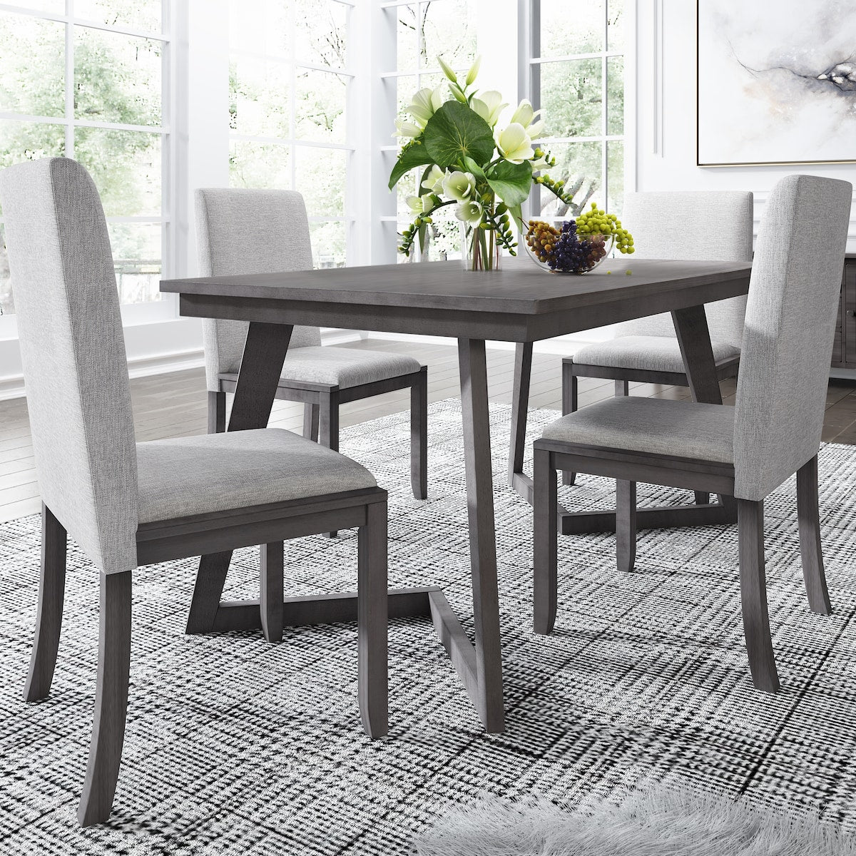Stylish 5-Piece Gray Dining Set, Rectangular Wood Table with 4 Linen F ...