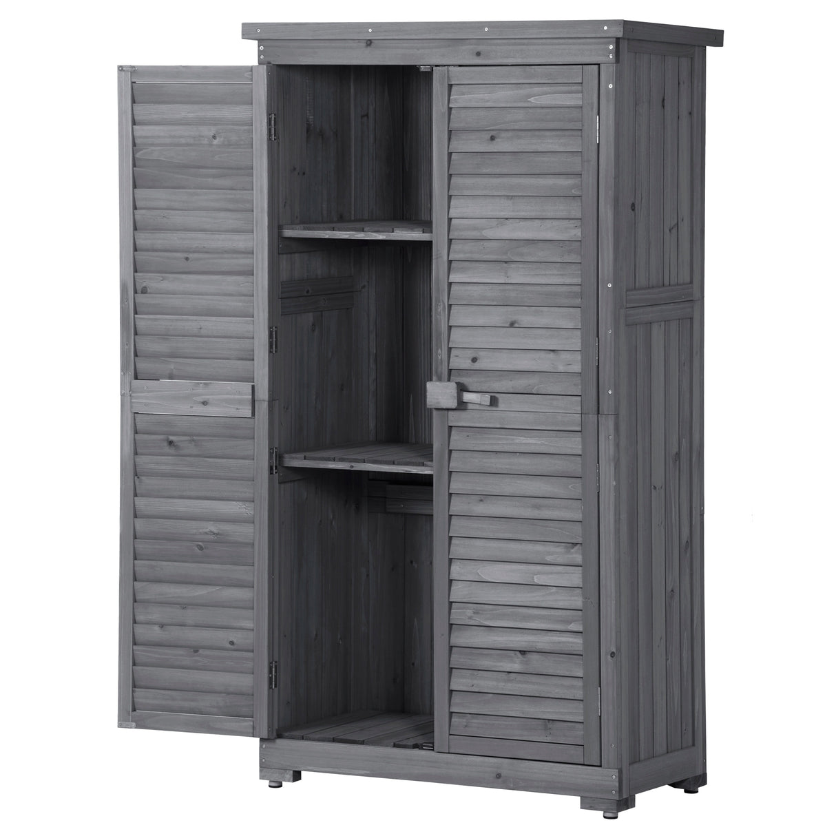 TOPMAX Solid Fir Wood Garden Shed, 3-Tier Patio Storage Cabinet with Adjustable Legs and Waterproof Roof