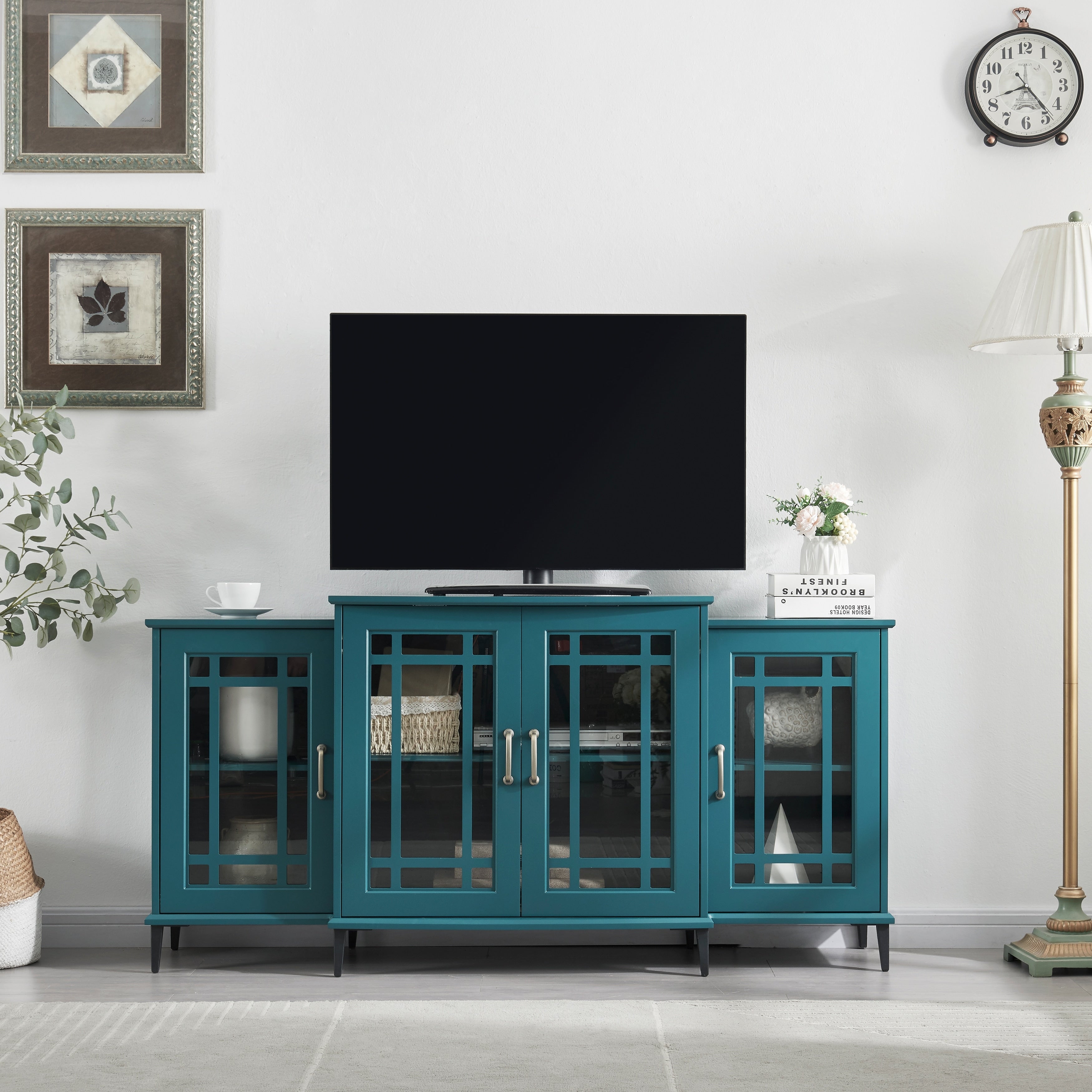 Teal Blue TV Stand Console Table with Glass Doors – Overstock