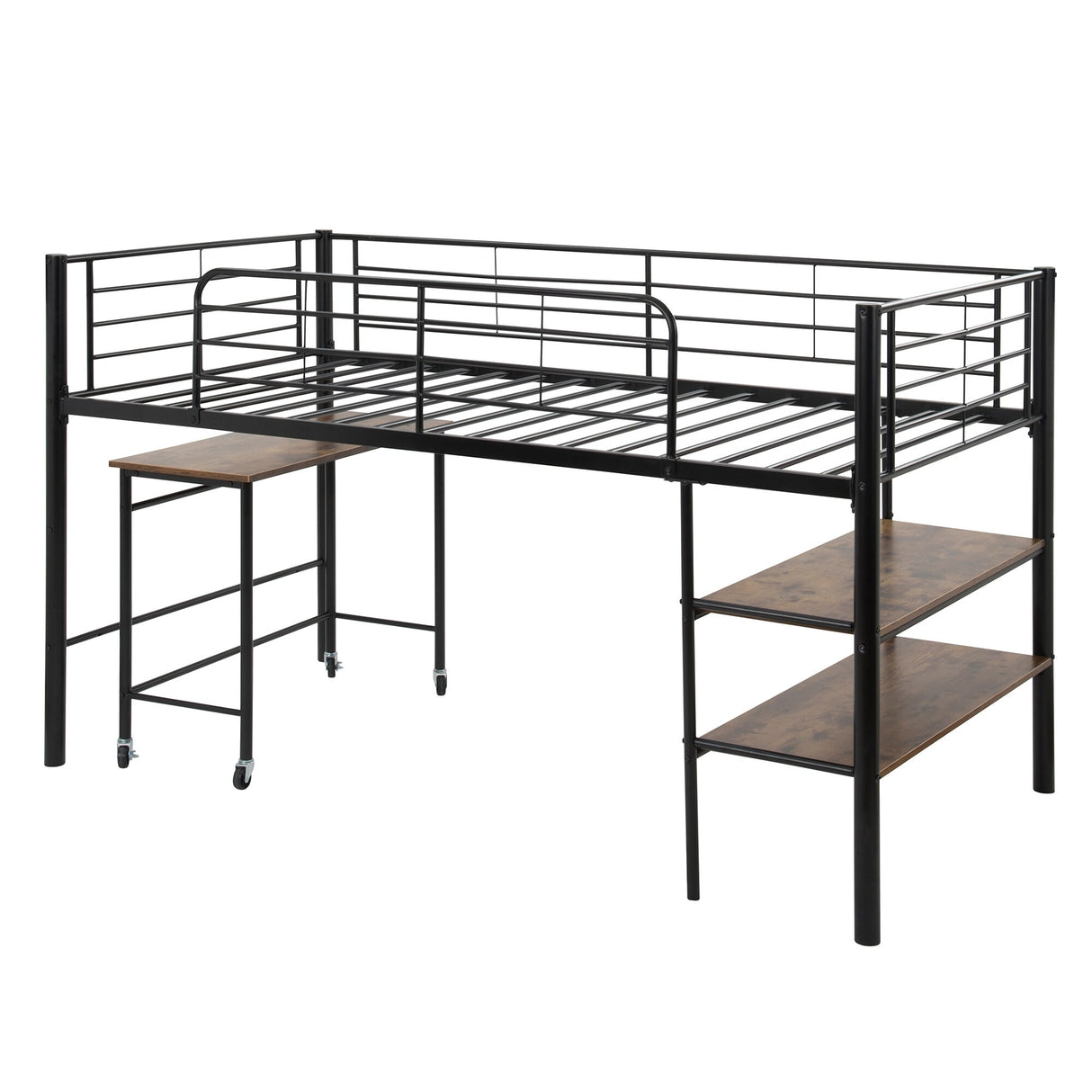 Twin Metal Kids Low Loft Bed with 2 Bookshelves & 1 Rolling Desk,Black ...