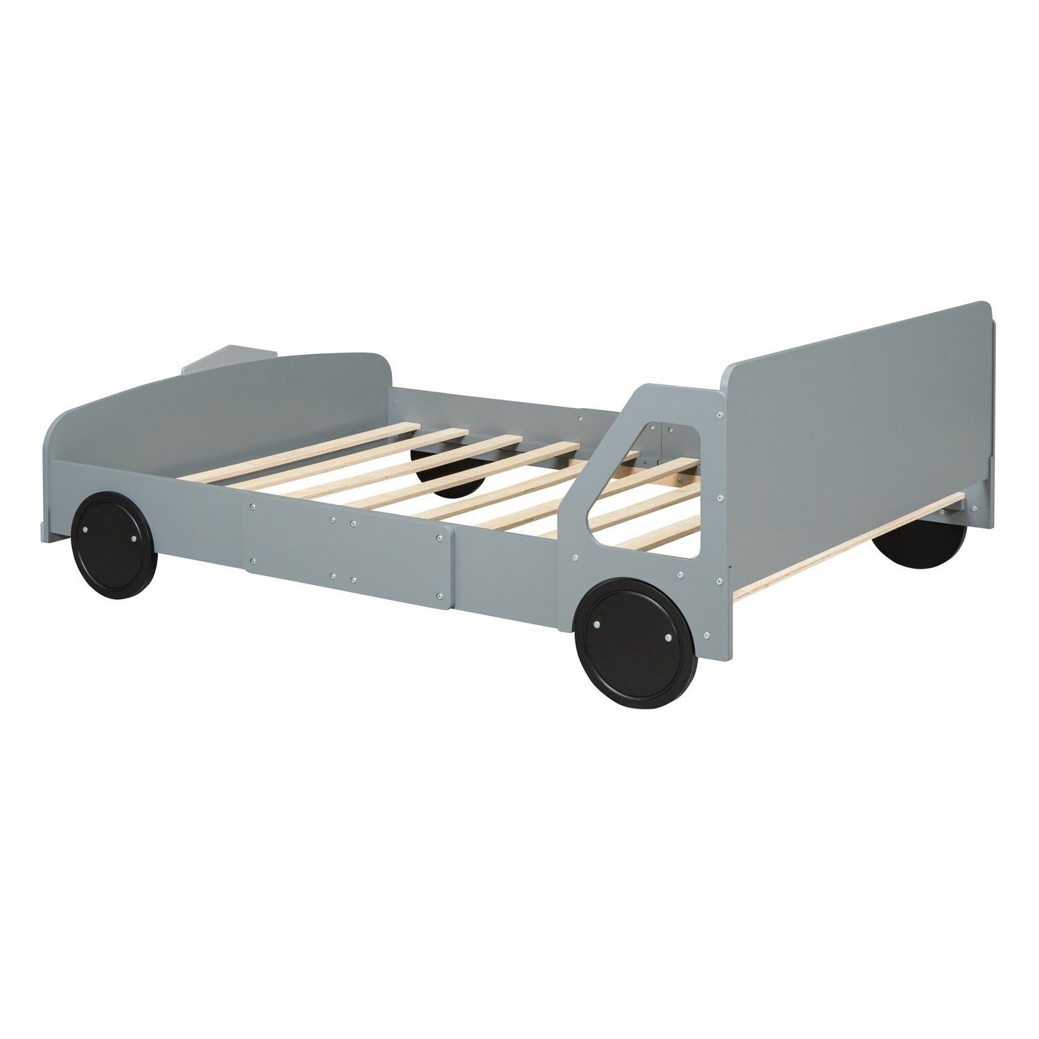 Twin Size Gray Race Car-Shaped Wood Platform Bed Frame with Headboards ...