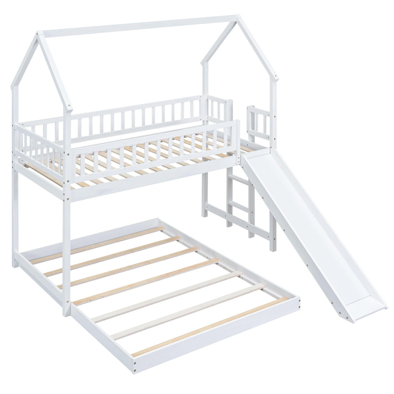 Twin over Full Bunk Bed Wood Platform Bed with Slide and Built-In Ladd ...