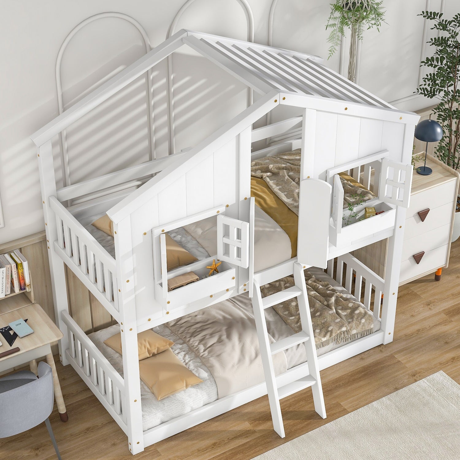 Twin over Twin House Bunk Bed with Roof , Window, Window Box, Door de ...