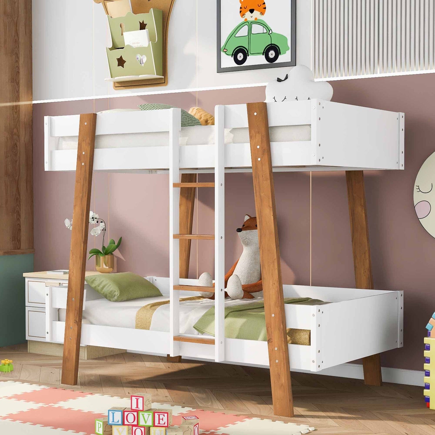 White-Modern Wood Twin Size Bunk Bed with Ladder, Safety Guard Rails ...