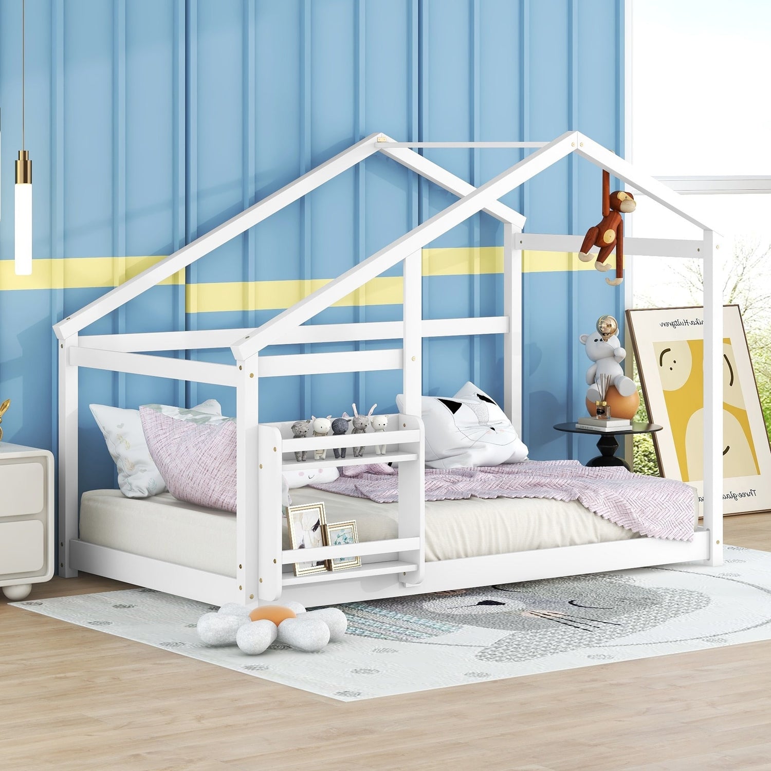 Wood Twin Size Platform Bed for Kids w/ Shelf No Box Spring Needed ...